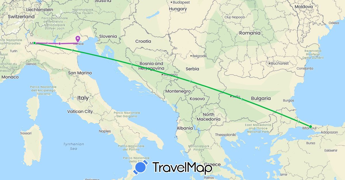 TravelMap itinerary: driving, bus, train in Italy, Turkey (Asia, Europe)